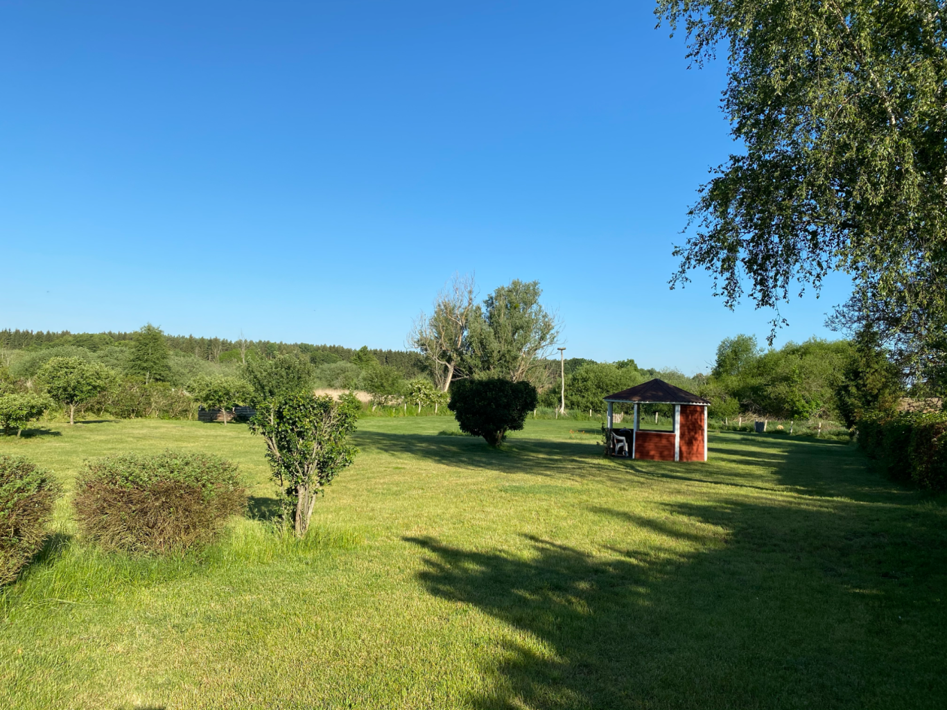 "Die Seele baumeln lassen." Großzügige Liegewiese mit Pavillon (gemeinschaftlich genutzt)